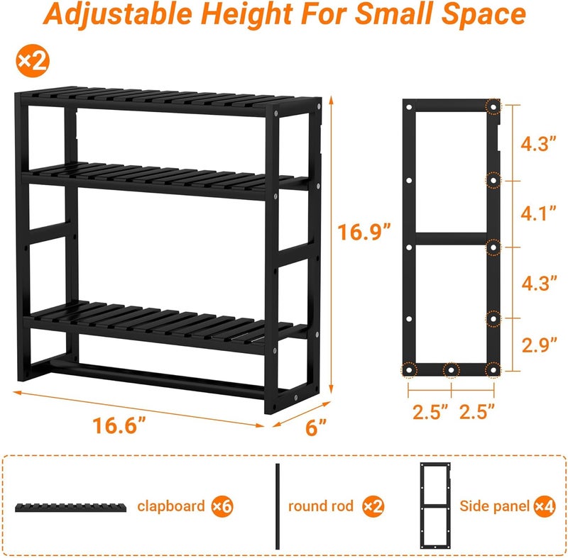 PPN Towel Rack Bathroom Storage Shelves Over The Toilet with Towel Bar 100% Bamboo Adjustable Height Floating Shelf Wall Shower Shelf for Small Space Bathroom Kitchen Multi Usage (Black-2Pack) - Image 2